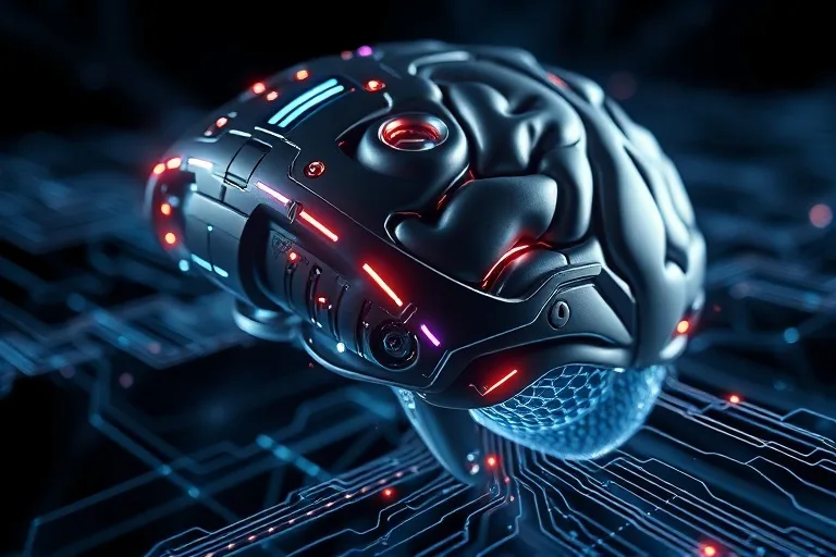 Futuristic brain-computer interface device connecting to abstract thought waves