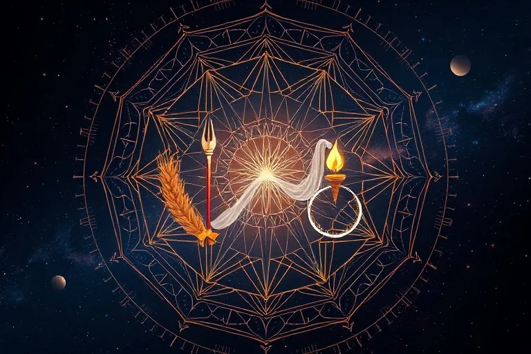 Stylized symbols of Ceres, Pallas, Juno, Vesta in a cosmic setting