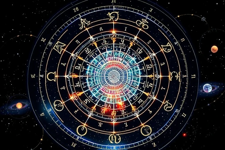 Holographic natal chart projection with intricate energy patterns