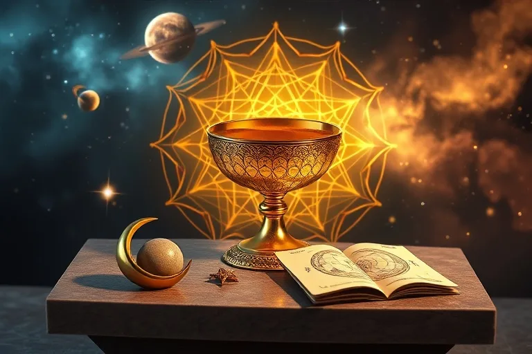 Representación 3D de un cáliz dorado con símbolos astrológicos y luna creciente