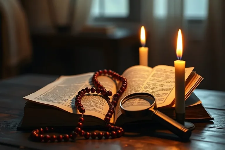 Bodegón conceptual con un libro antiguo, una vela encendida, un rosario y una lupa, simbolizando la reflexión y el estudio espiritual.
