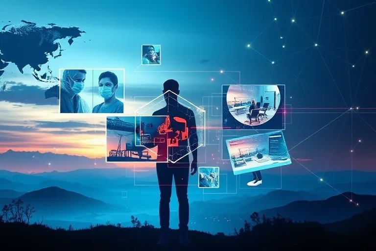 Abstract visualization of interconnected learning modules in a metaverse