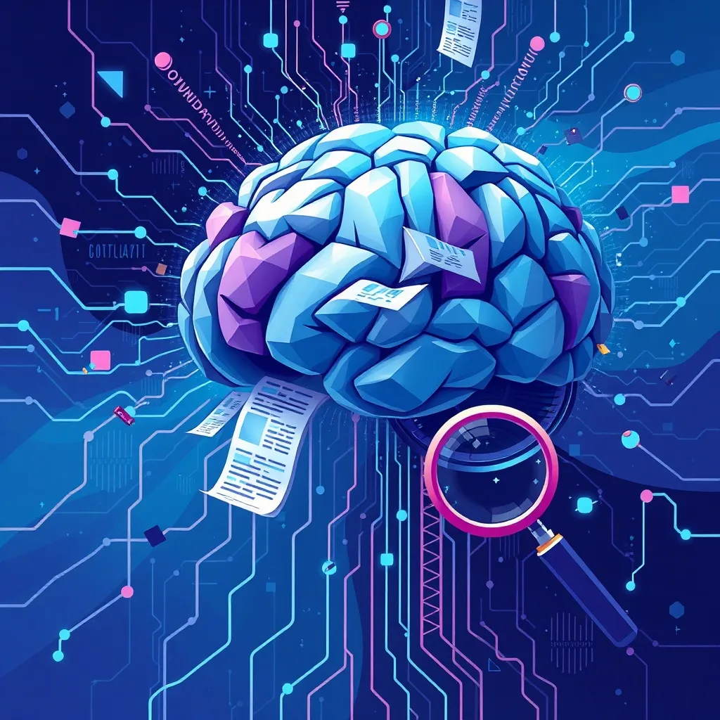 Representación digital abstracta de flujos de datos que convergen en un cerebro estilizado, simbolizando la capacidad de la IA para procesar información compleja en la investigación periodística.