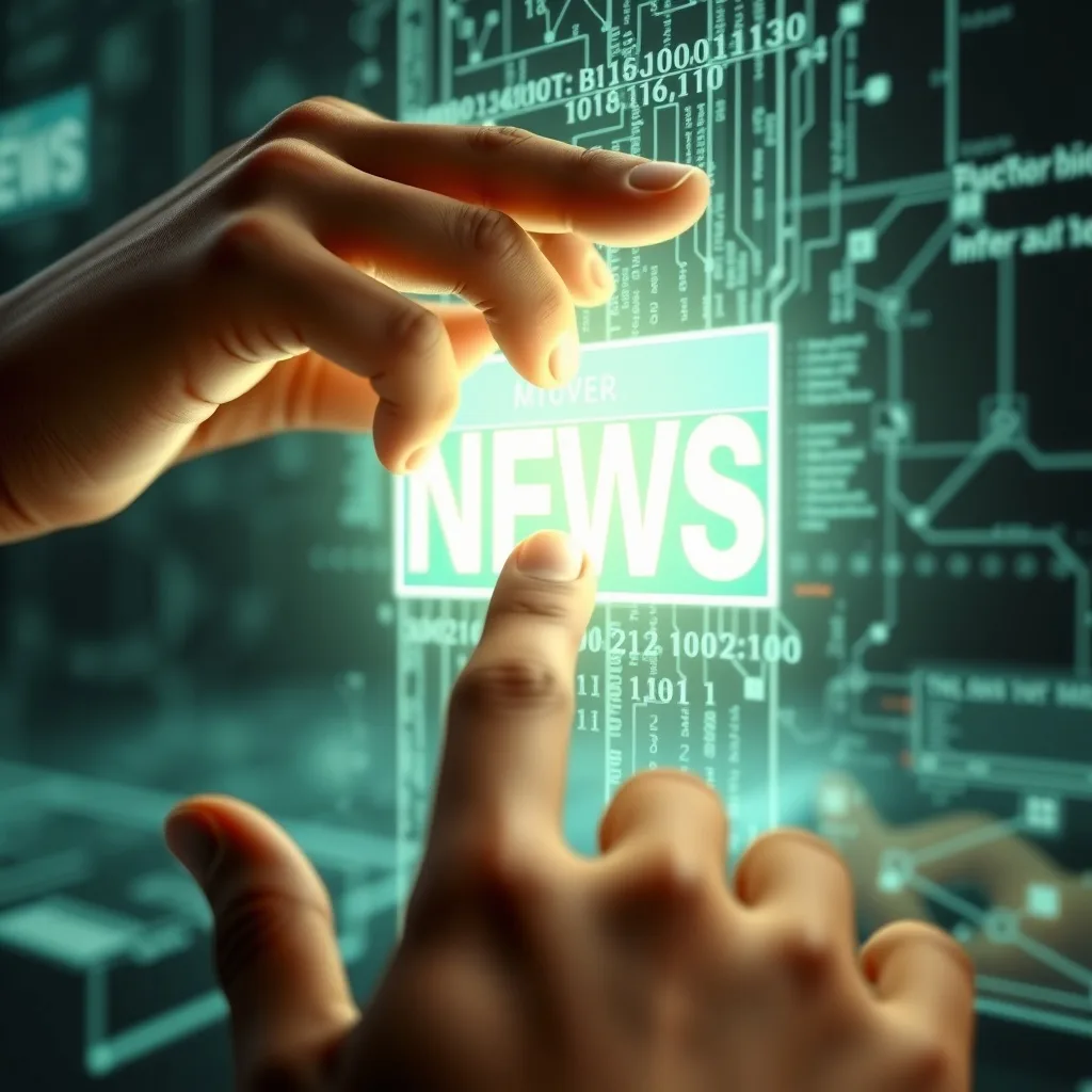 Primer plano de una mano humana interactuando con una interfaz digital luminosa que muestra un titular de noticias, simbolizando la guía humana sobre la tecnología de IA en el periodismo.