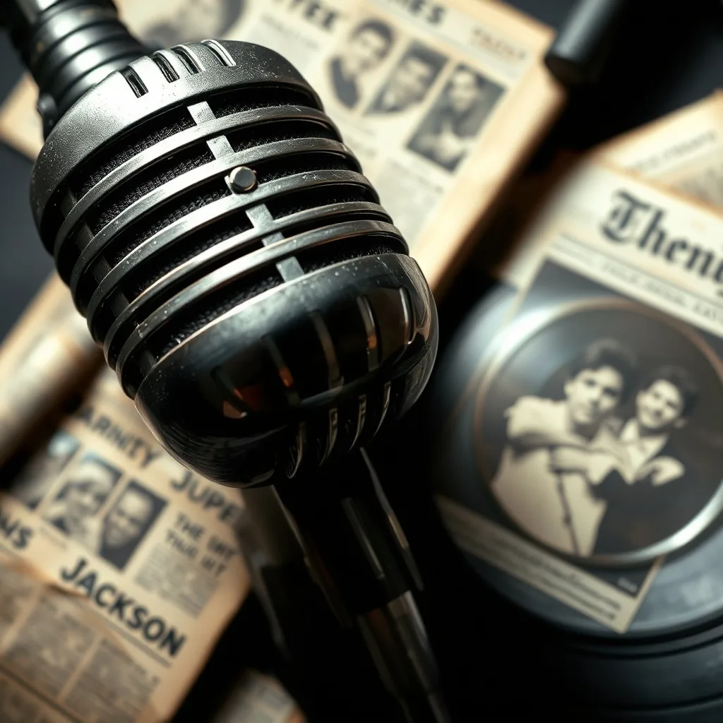 Primer plano de objetos simbólicos de la fama temprana, incluyendo un micrófono antiguo y recortes de prensa.