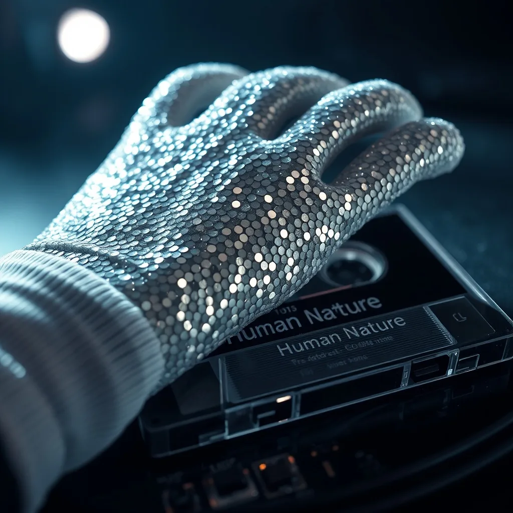Guante blanco con lentejuelas en una cinta de cassette, simbolizando la conexión entre la moda de un artista y su música.