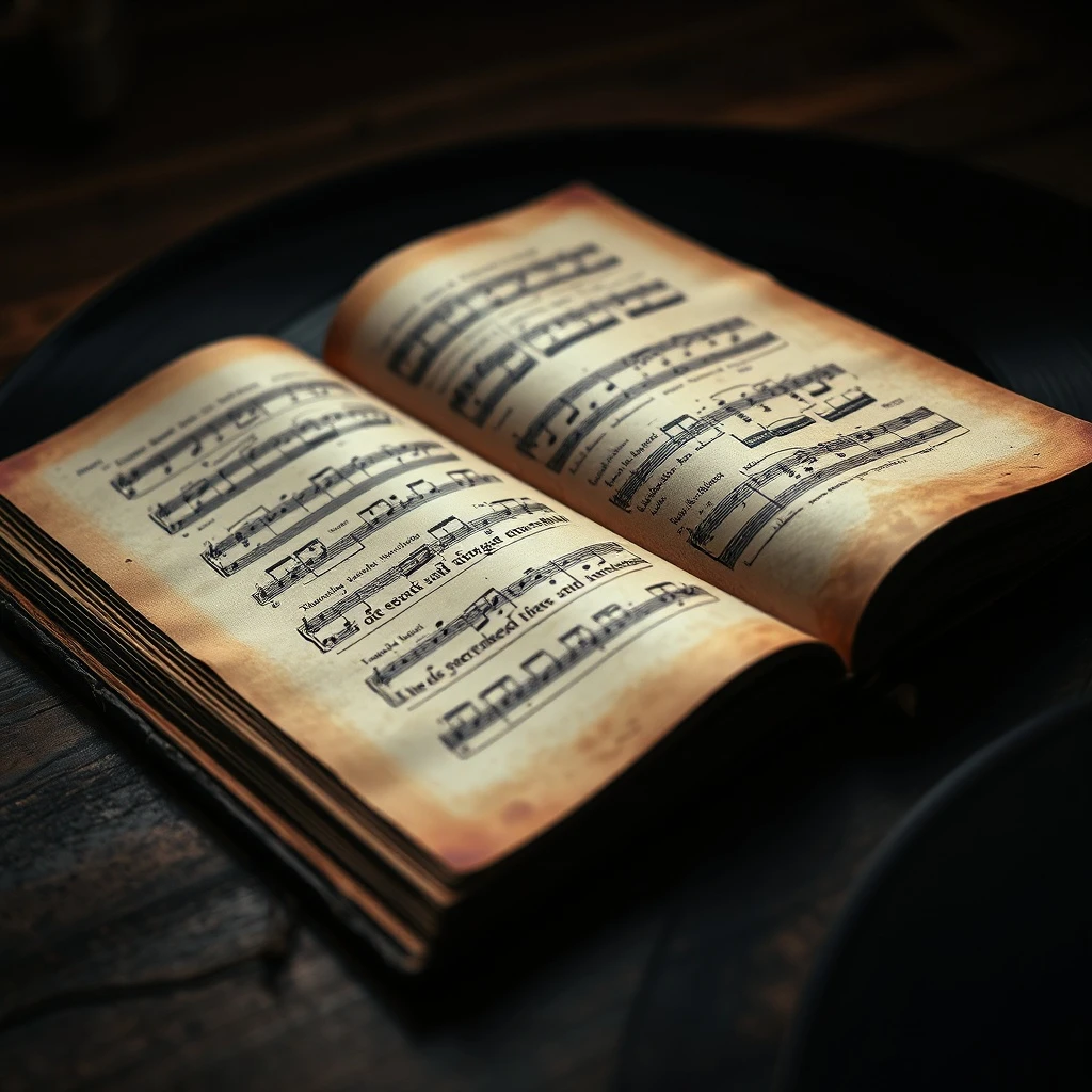 Un antiguo cancionero abierto con notas musicales y letras desvanecidas, simbolizando la perdurabilidad del arte y la música.