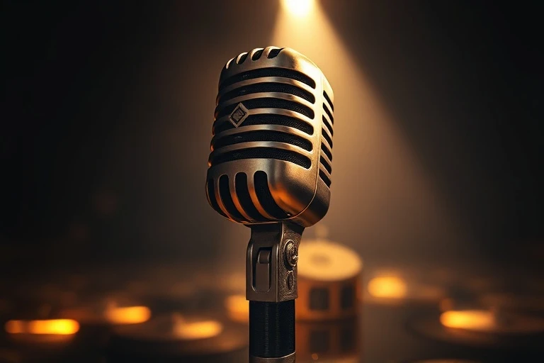 Micrófono vintage en un escenario con discos de oro