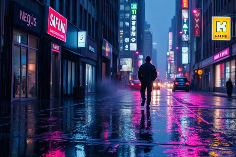 Pintura al óleo de una silueta caminando por una calle de ciudad bajo la lluvia