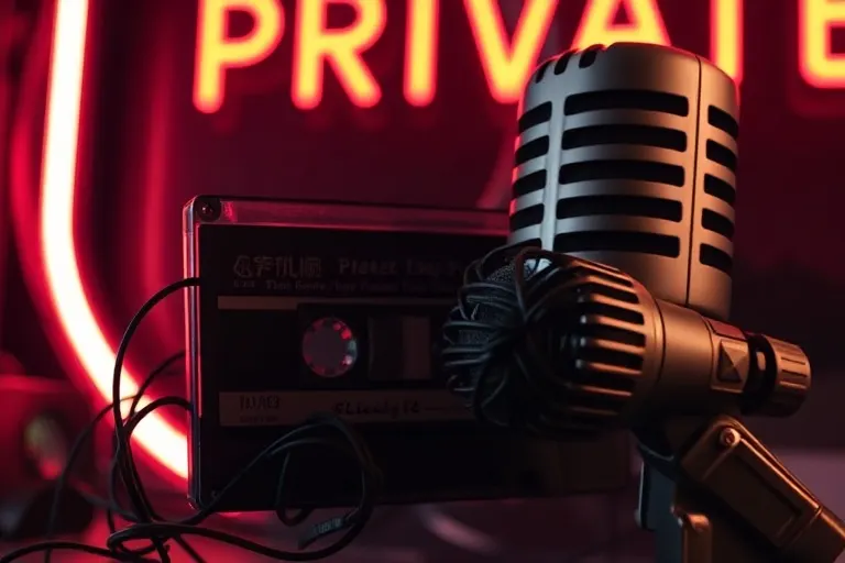 Primer plano extremo de una cinta de casete vintage y un micrófono, simbolizando la producción musical innovadora de la era New Jack Swing.