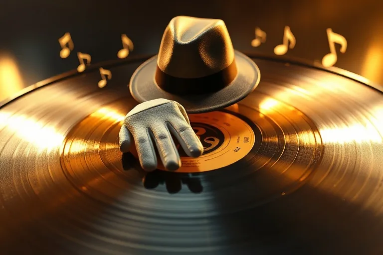 Primer plano de un disco de oro con un sombrero de ala ancha y un guante brillante, símbolos del impacto cultural y los logros musicales de un artista icónico.