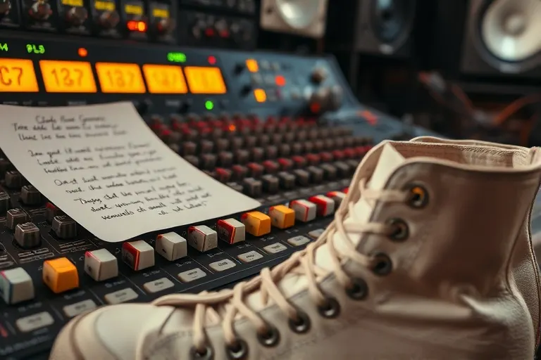 Detalle de una consola de mezcla de estudio vintage con partituras y zapatos de baile, simbolizando la creación musical y la dedicación artística.
