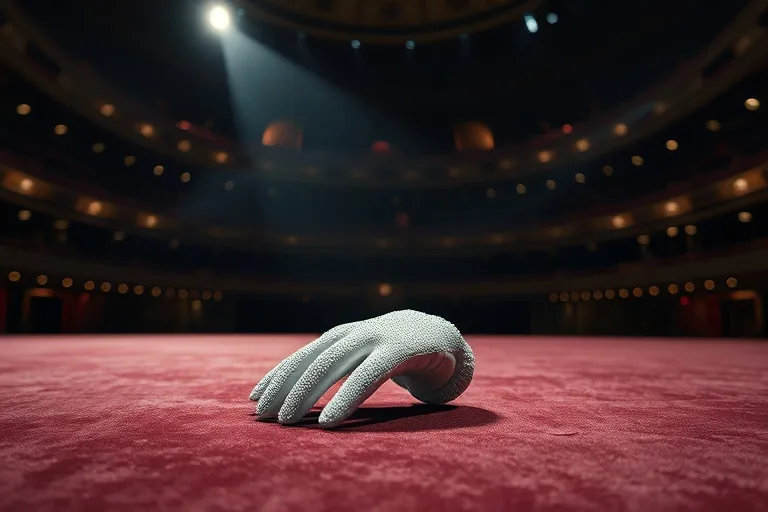 Guante blanco de lentejuelas sobre un escenario vacío bajo un foco, simbolizando el legado y la ausencia de una figura musical legendaria.