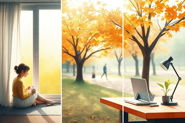 Ilustración acuarela de personas realizando actividades diarias con calma, integrando la meditación