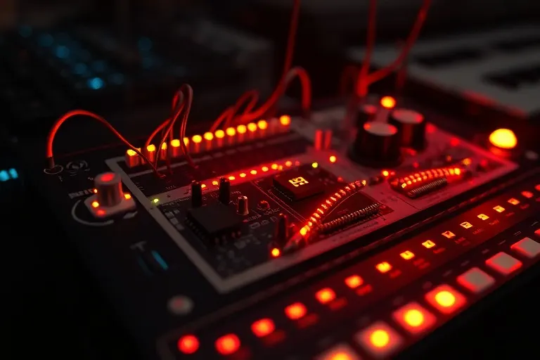 Detalle de un sintetizador de voz antiguo con circuitos expuestos, emitiendo una luz tenue en un entorno oscuro y abstracto, simbolizando la voz y el impacto tecnológico del científico.