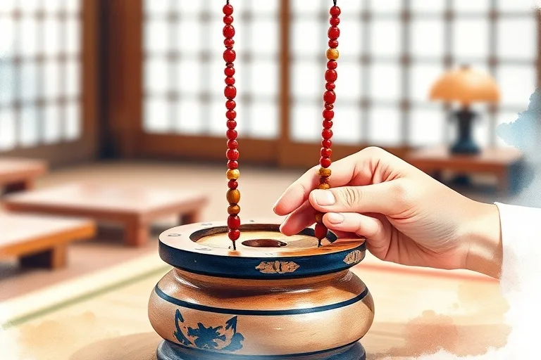 Primer plano de un soroban japonés, con manos moviendo las cuentas de madera sobre las varillas. Fondo difuminado de un estudio tradicional.