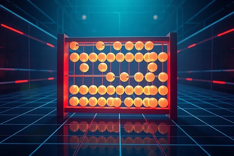 Representación abstracta de cuentas de ábaco translúcidas flotando en un espacio geométrico futurista, con luces digitales y patrones de rejilla. Colores fríos.