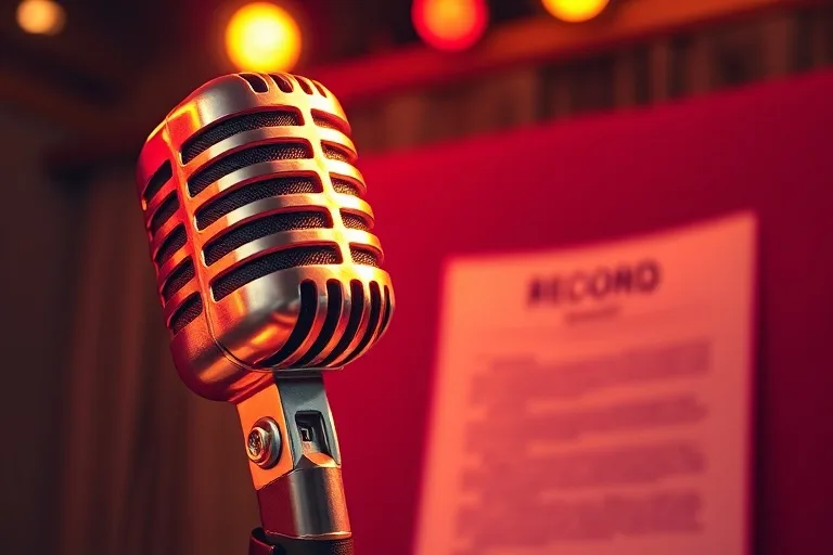 Micrófono vintage y contrato discográfico, símbolos de empoderamiento artístico