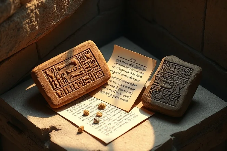 Bodegón conceptual de herramientas y fragmentos arqueológicos que evocan los orígenes de la escritura en el Antiguo Oriente Medio.