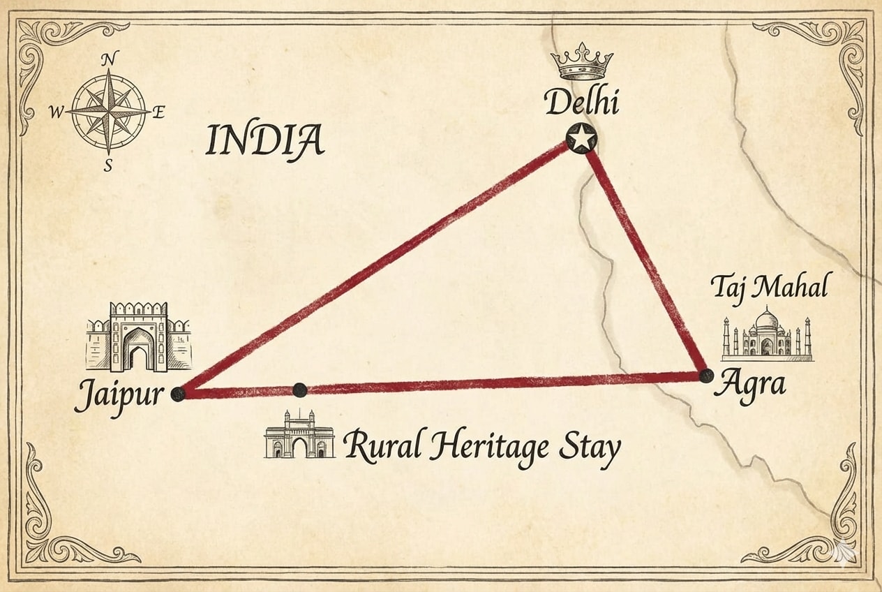 An illustrated map of the Golden Triangle route linking Delhi, Agra and Jaipur