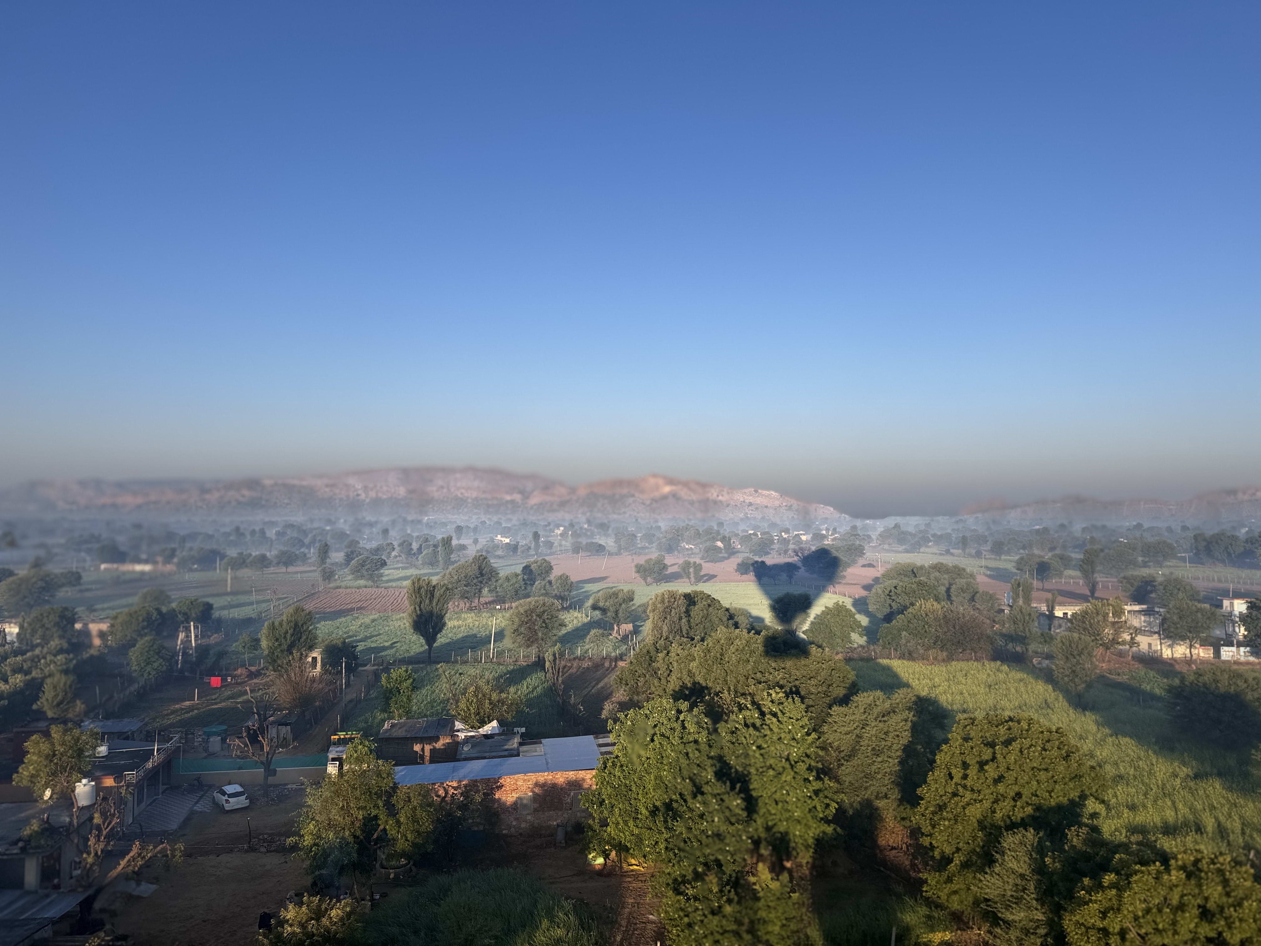 Hot-air balloons over a wooded valley at dawn