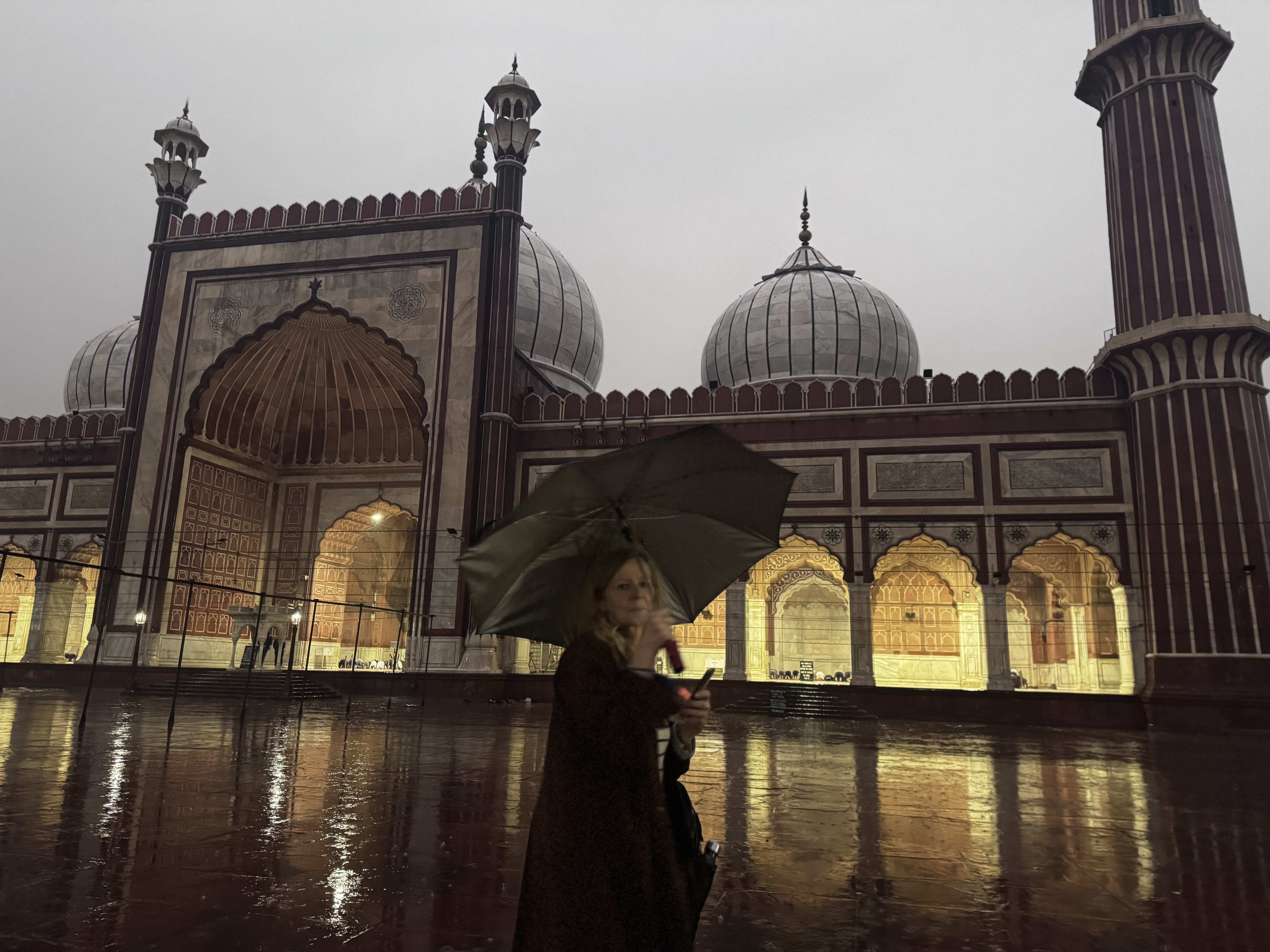 Jama Masjid at night in the monsoon rain