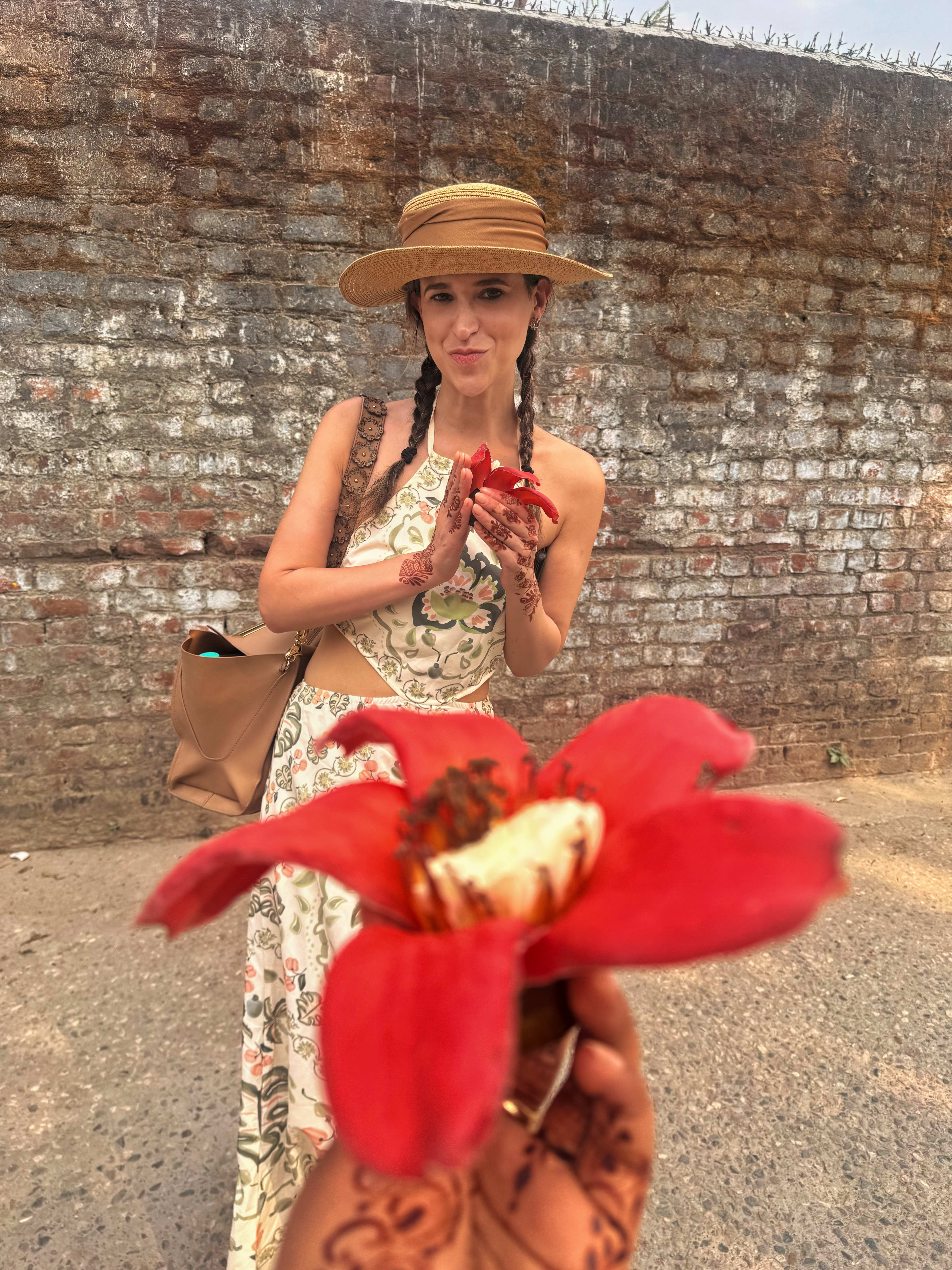 A traveller holding a fallen silk-cotton flower