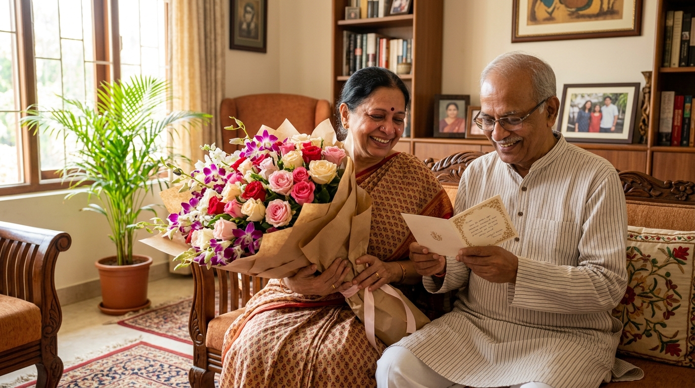 Indian parents receiving surprise flower bouquet and card from daughter abroad