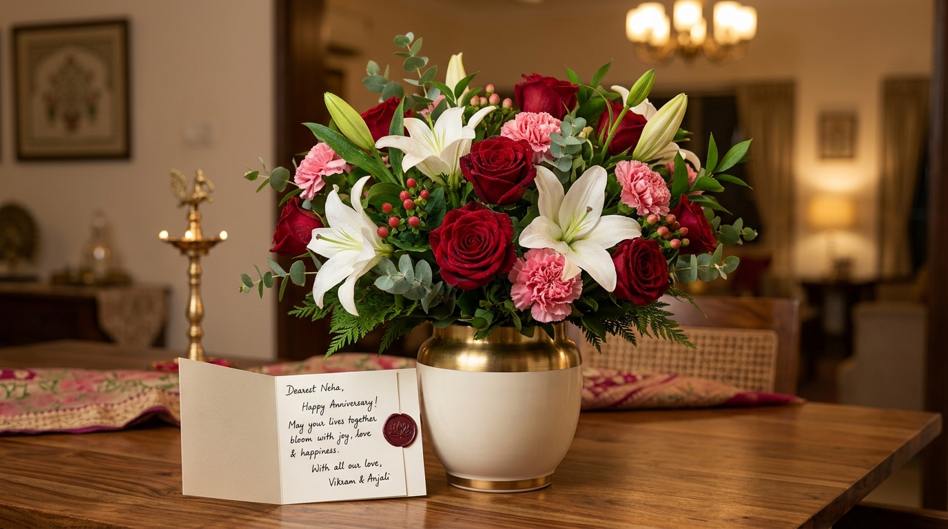 Luxury ceramic floral gift arrangement with personalized wax-sealed greeting card