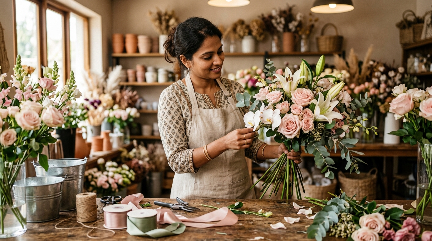 Master floral designer assembling bespoke bouquet in Petals Paradise studio