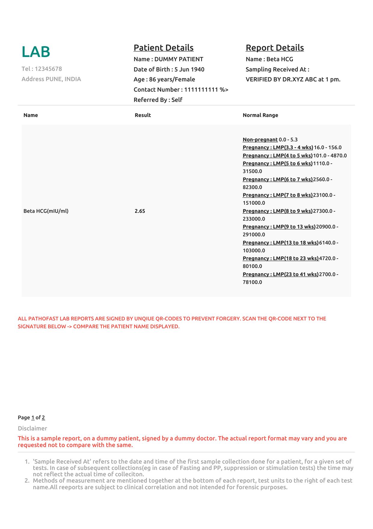 Sample Beta HCG Test report format