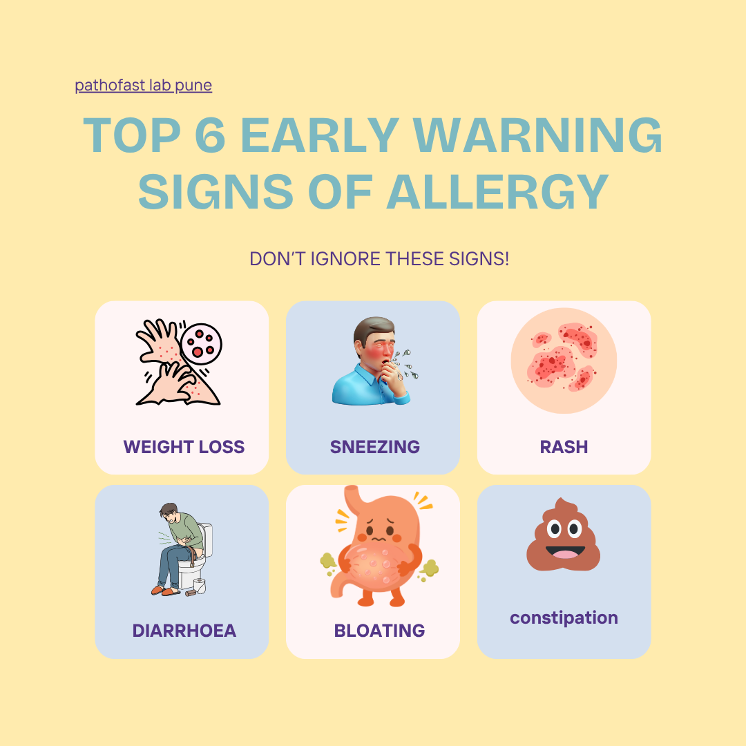 Early Warning Signs of Allergy Top 6 early warning signs of allergy - sneezing, rash, bloating, diarrhoea, weight loss