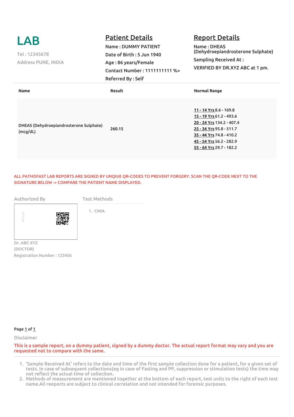 Sample DHEAS report format