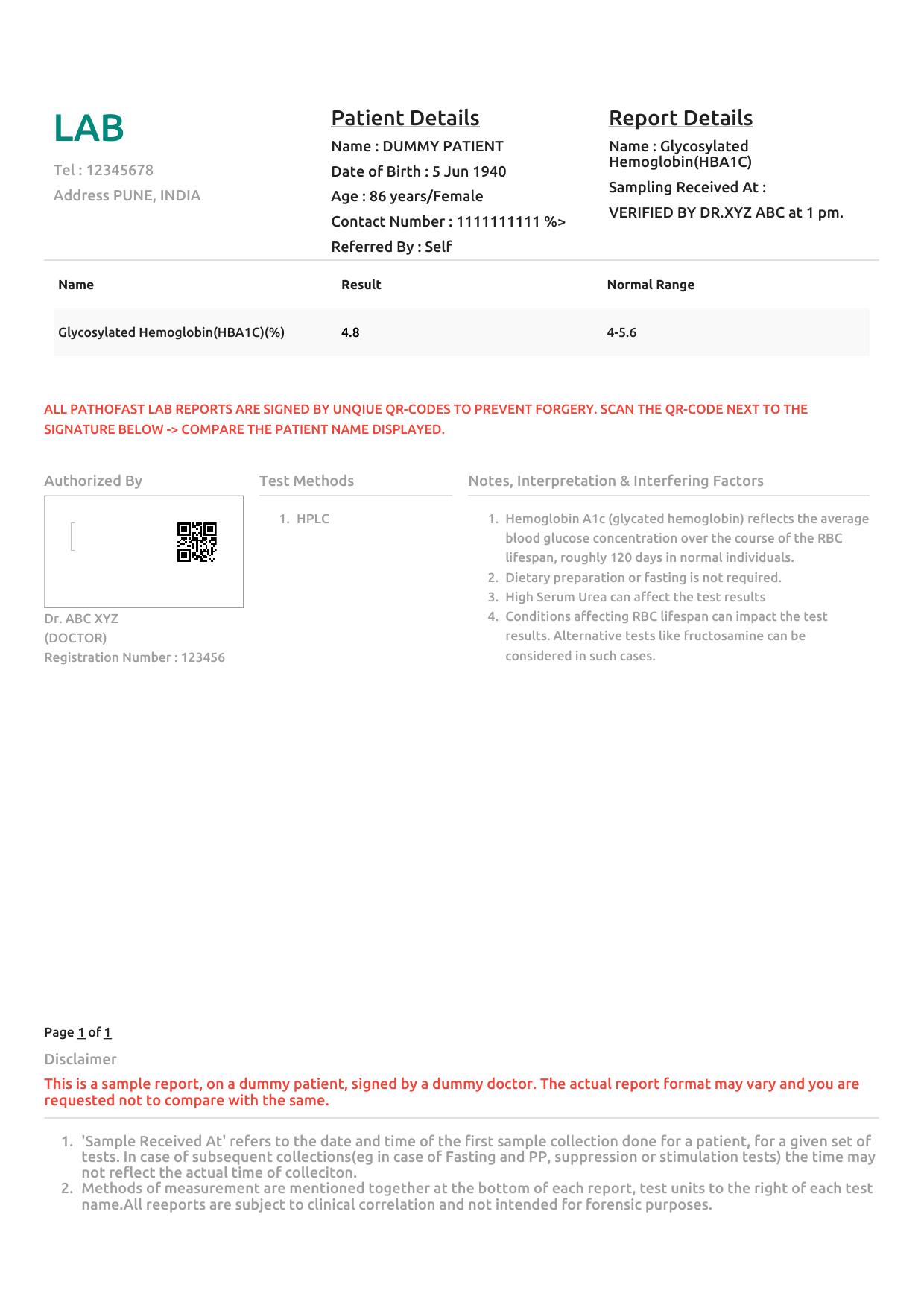 Sample HBA1C Test report format