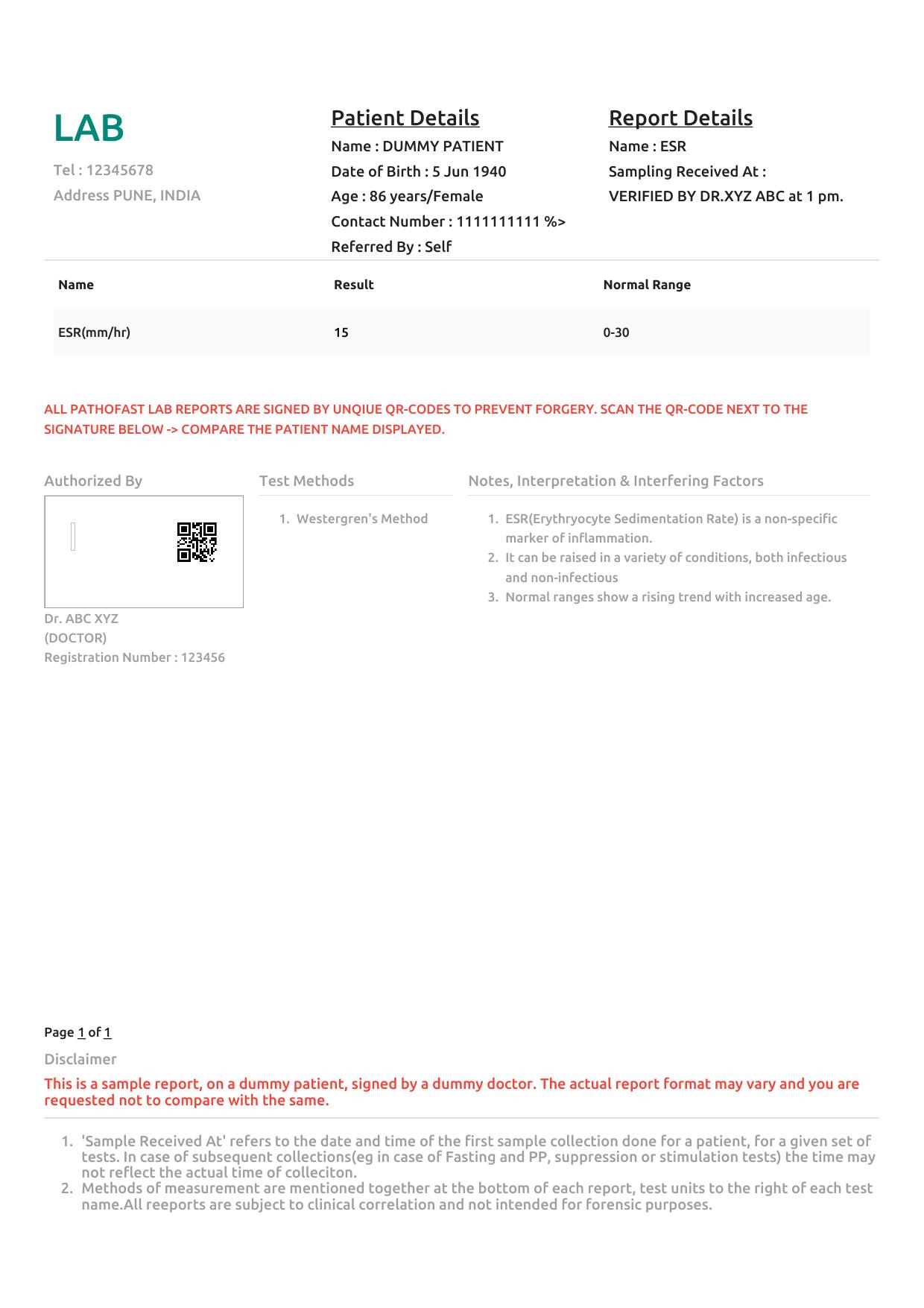 Sample ESR Test report format