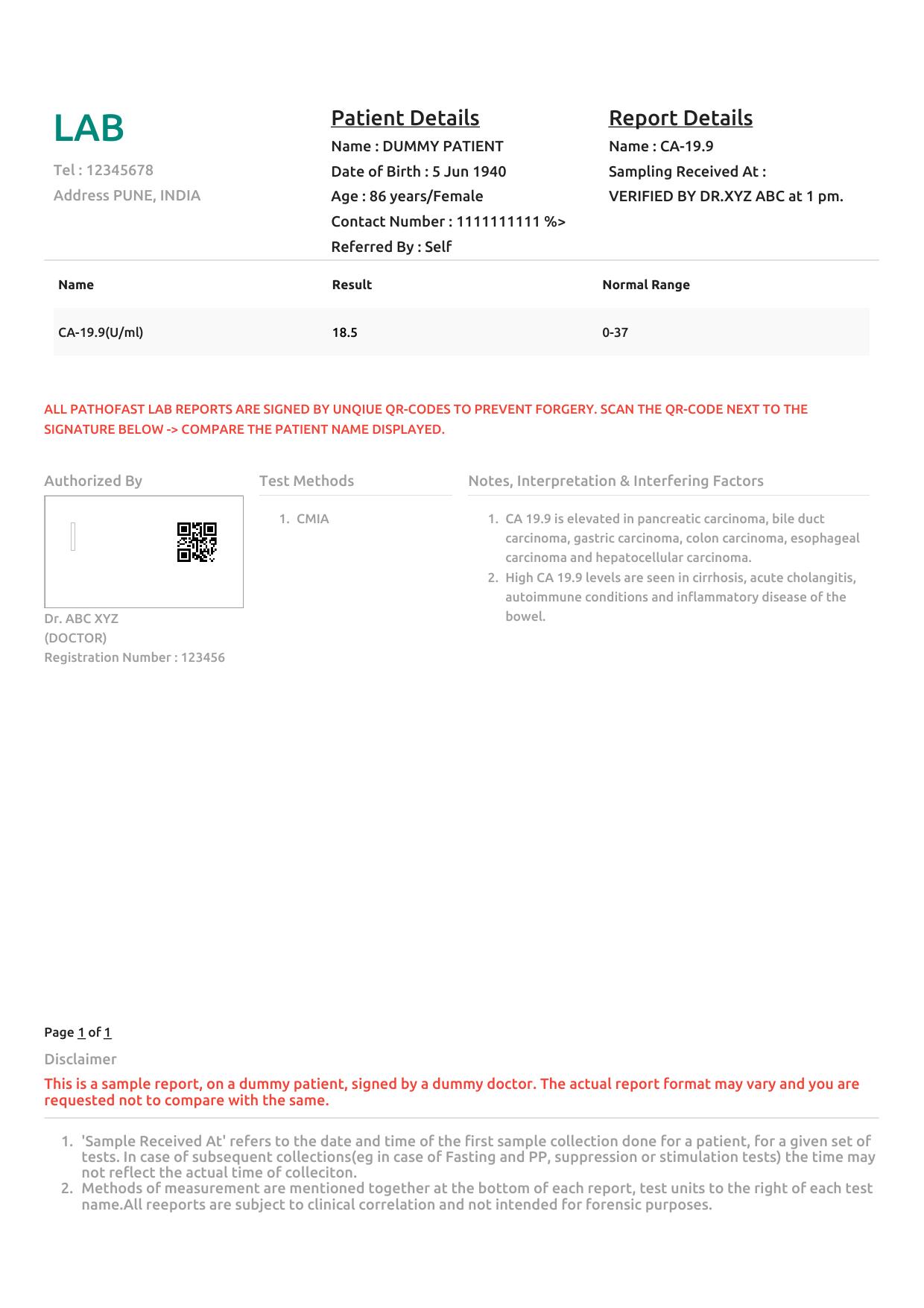 Sample CA 19-9 report format