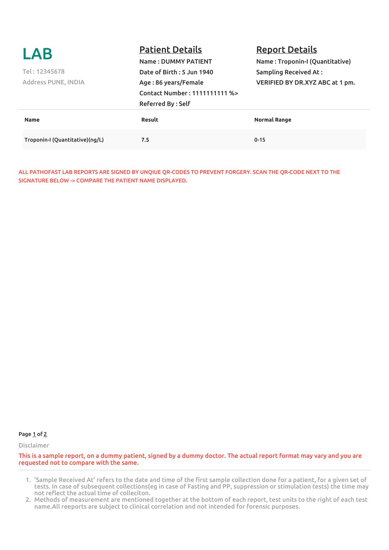 Sample Troponin-I Test report format
