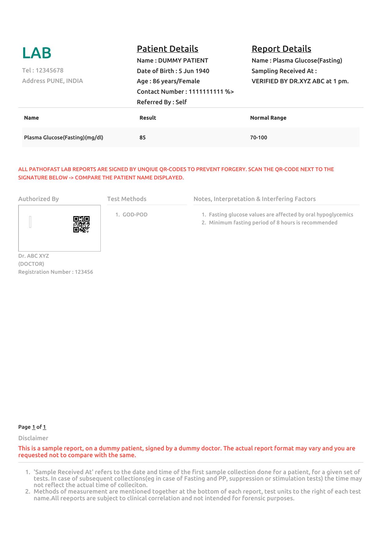 Sample Fasting Blood Sugar Test report format