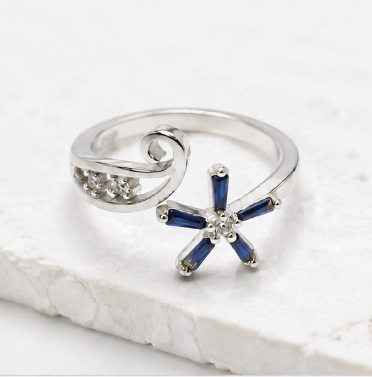 Blue Stone Flower Open Ring for Women | Elegant Silver Finish Adjustable Designer Ring