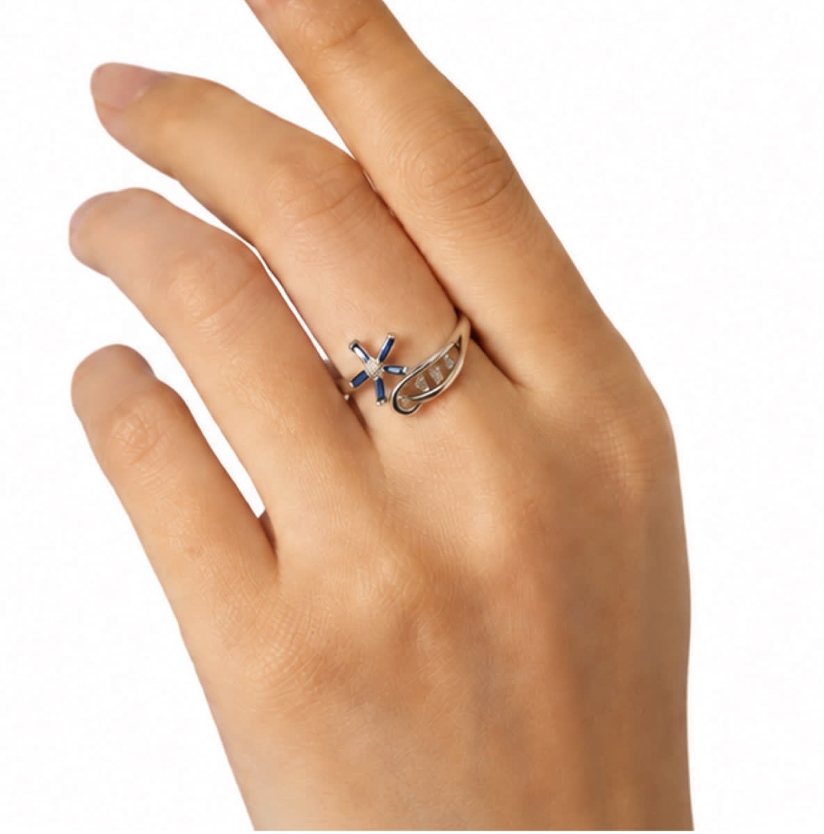 Blue Stone Flower Open Ring for Women | Elegant Silver Finish Adjustable Designer Ring view 2