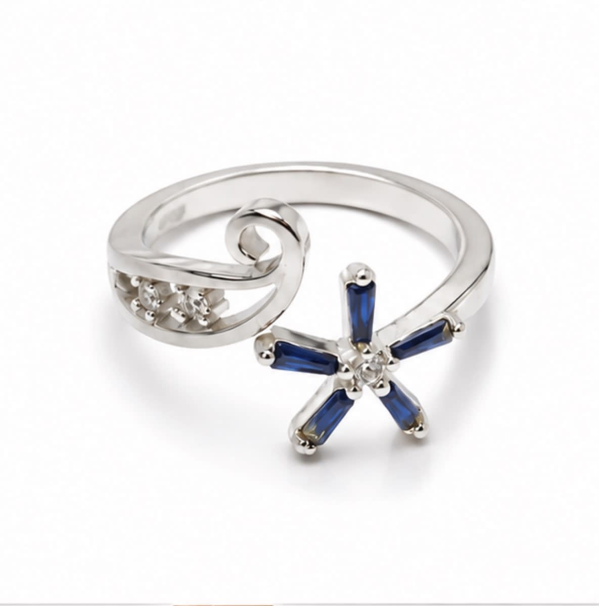 Blue Stone Flower Open Ring for Women | Elegant Silver Finish Adjustable Designer Ring view 3