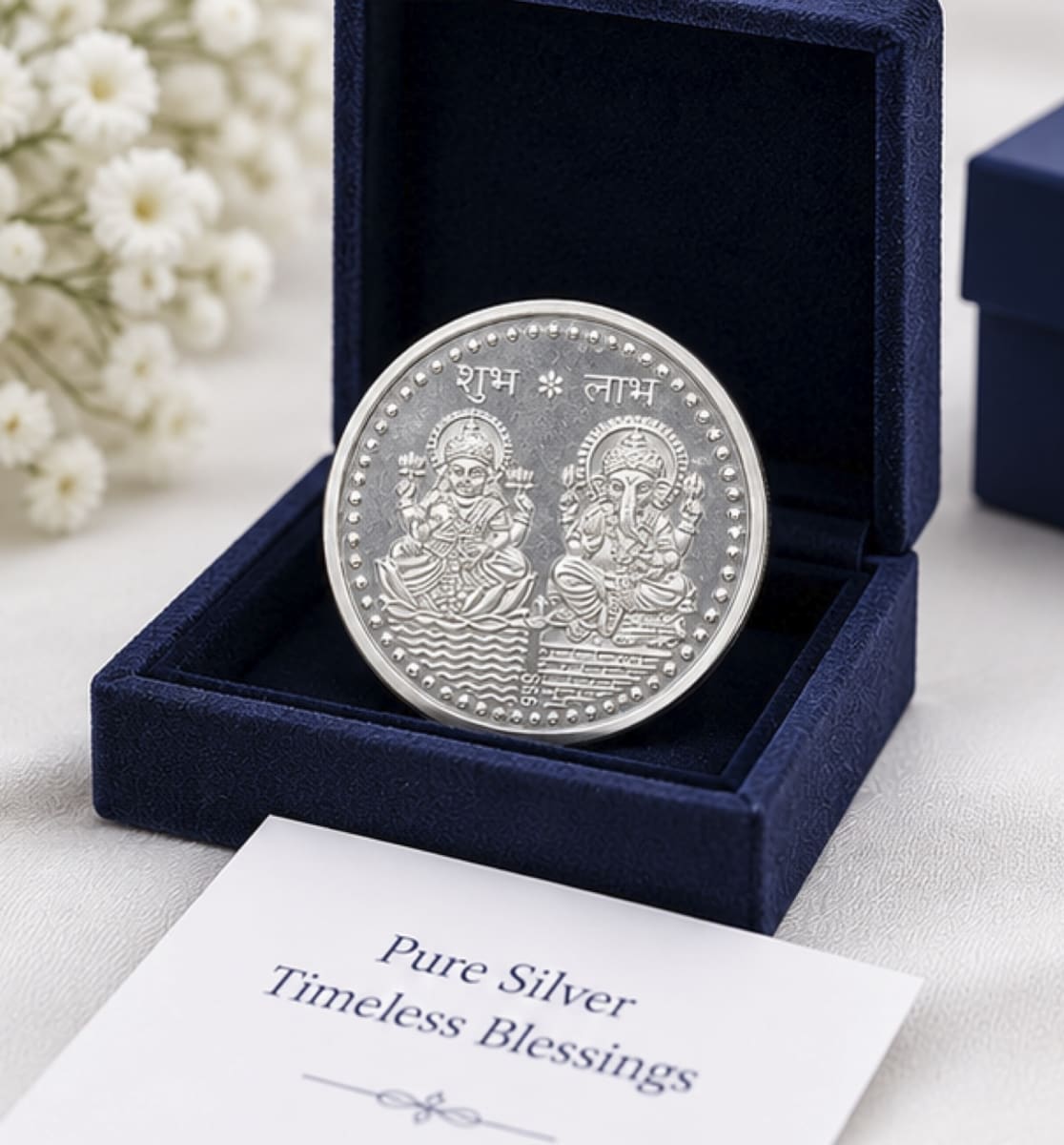 925 Sterling Silver Shubh Labh Lakshmi Ganesh Coin | Laxmi Ganesh Silver Coin for Puja, Diwali & Auspicious Gifting