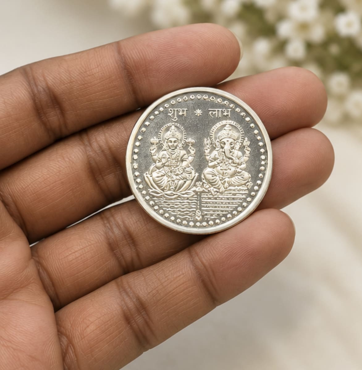 925 Sterling Silver Lakshmi Ganesh Coin | Shubh Labh & Om Design Silver Coin | Auspicious Puja, Diwali & Festive Gift view 4