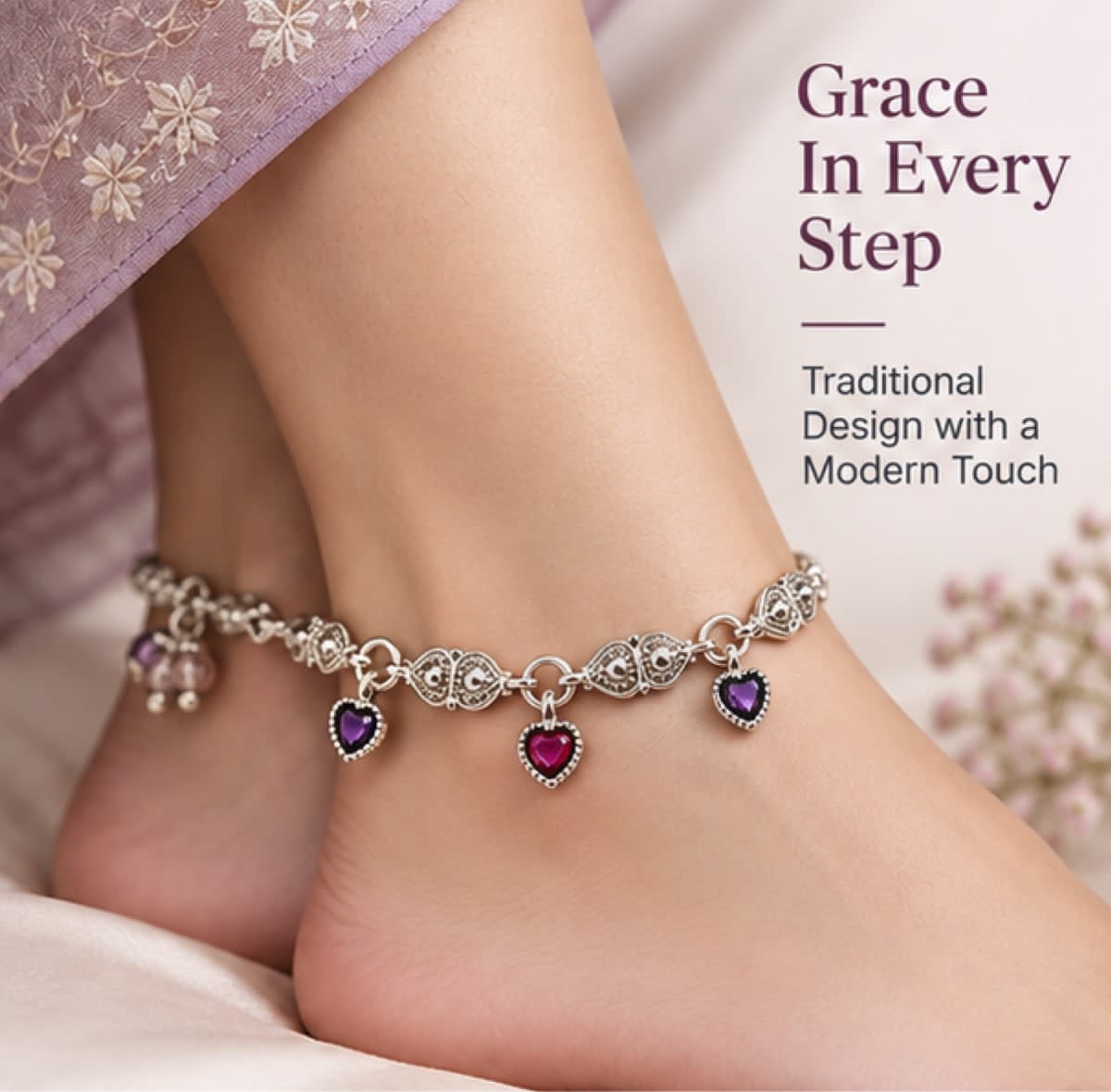 Silver Designer Payal with Heart Charms | Pink & Purple Stone Anklet for Women | Traditional & Festive Wear view 2