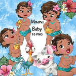 Baby Moana Watercolor Clipart Bundle Disney Tropical PNG (Digital Download) - Image 1
