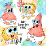 Baby SpongeBob Watercolor Clipart Bundle Baby Patrick Diaper PNG Kit (Digital Download) - Image 1