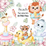 Beach Animals Watercolor Clipart Bundle African Jungle Summer PNG (Digital Download) - Image 1