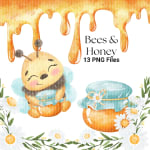 Bees and Honey Watercolor Clipart Bundle Flower Flying Yellow Insect PNG (Digital Download) - Image 2