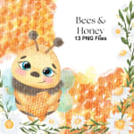 Bees and Honey Watercolor Clipart Bundle Flower Flying Yellow Insect PNG (Digital Download) - Image 3