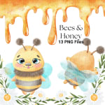 Bees and Honey Watercolor Clipart Bundle Flower Flying Yellow Insect PNG (Digital Download) - Image 4